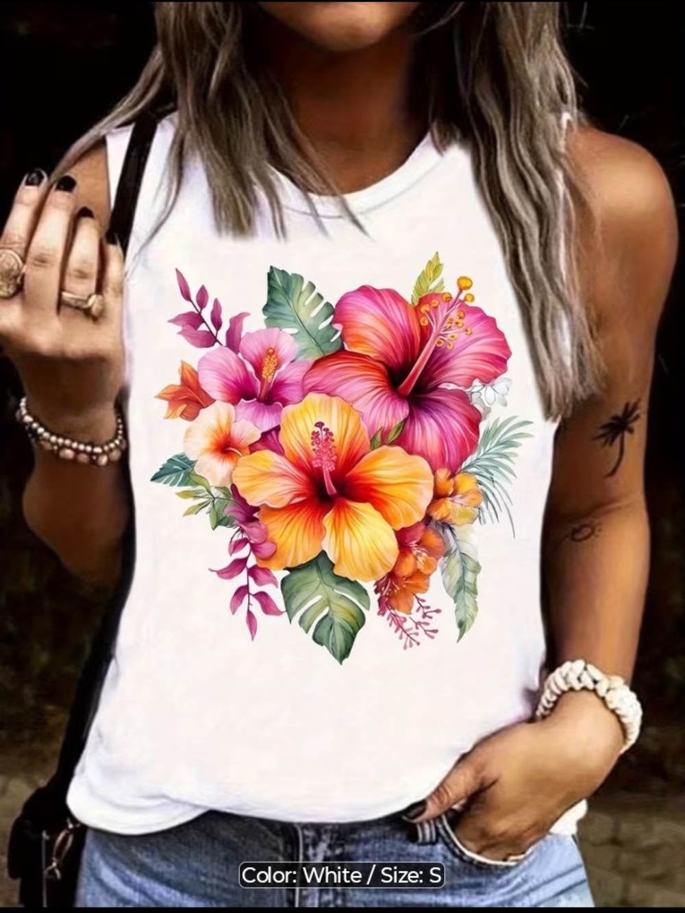 Women’s White Floral Graphic Tank Top - Tropical Hibiscus Print 100% Cotton